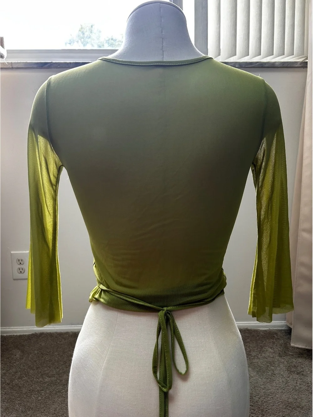 Women's Olive Green Sheer Wrap Top with Floral Applique and Tie Back, Size M